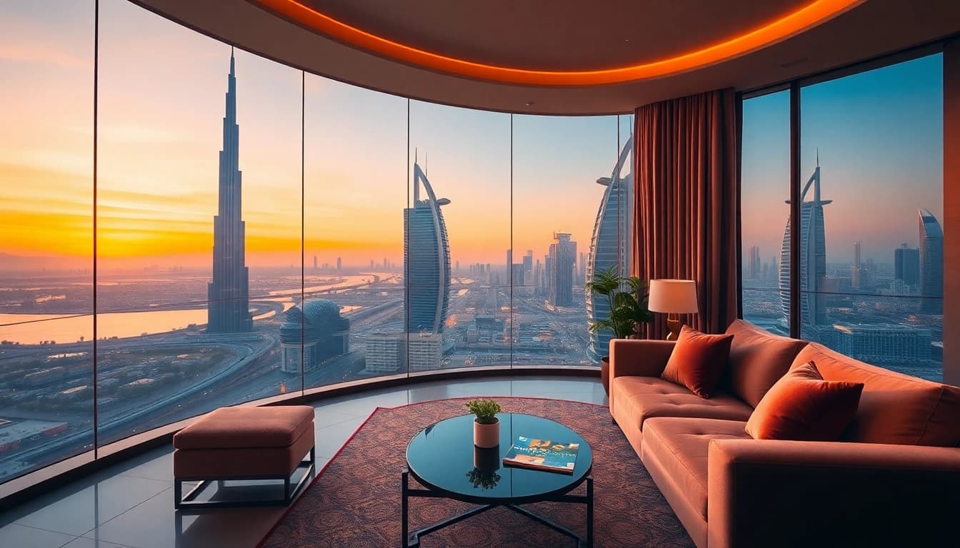 Enjoy a breathtaking sunset view of Dubai from a luxury hotel room, ideal for travel to Dubai.