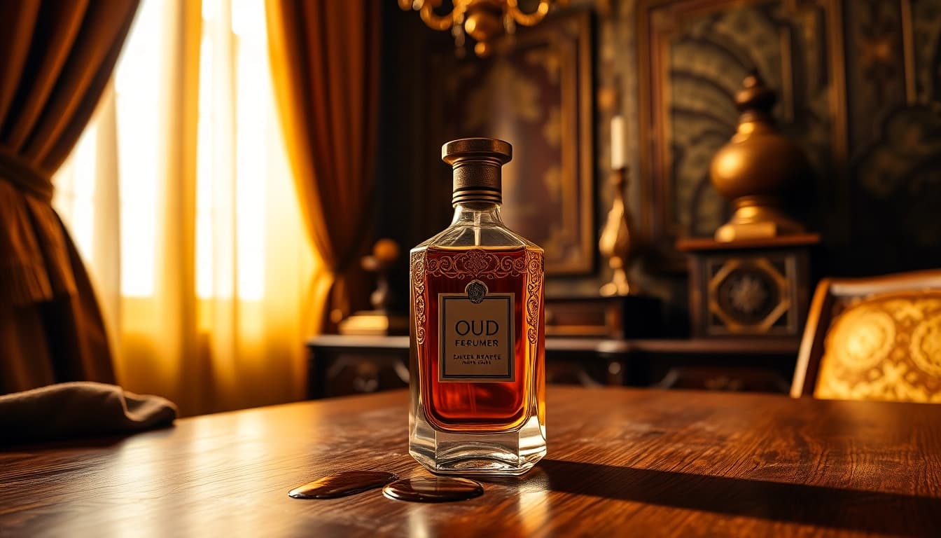 Explore the enticing oud perfume dupe in a luxurious setting with rich colors and warm lighting.