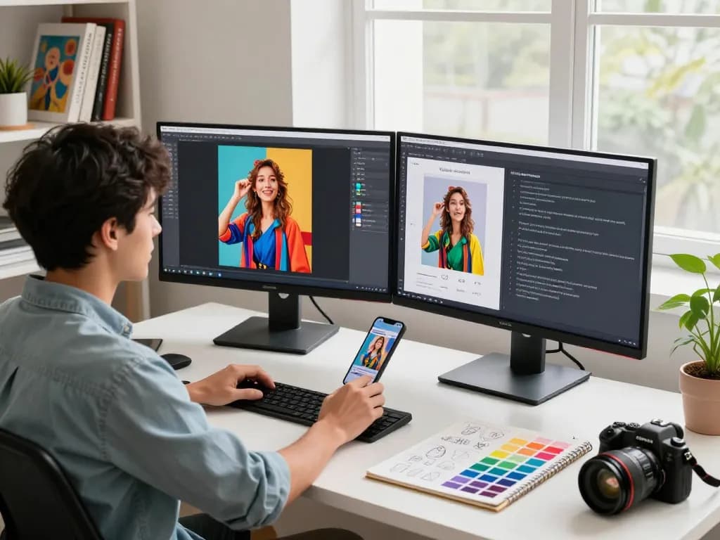 Designer using an image to prompt tool in a bright creative workspace, generating detailed prompts for AI.