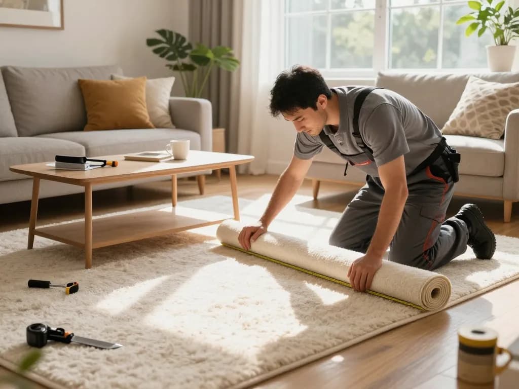 Professional carpet fitters near me measuring and fitting a cozy living room carpet.
