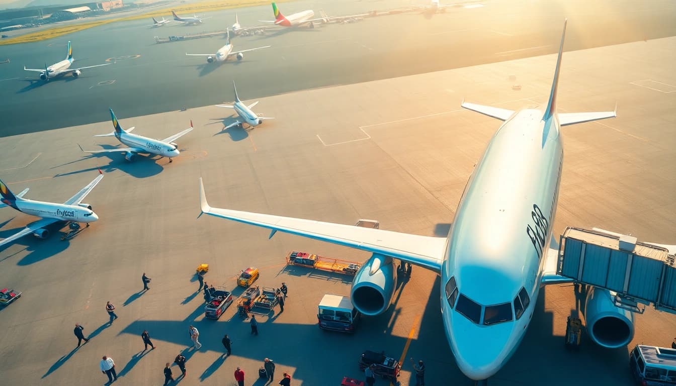 Vibrant aerial view of an airport with aircraft labeled fly888, showcasing travel excitement.