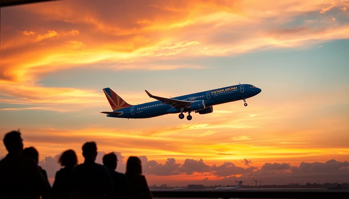 VN168 flight taking off against a stunning sunset backdrop, symbolizing travel excitement.