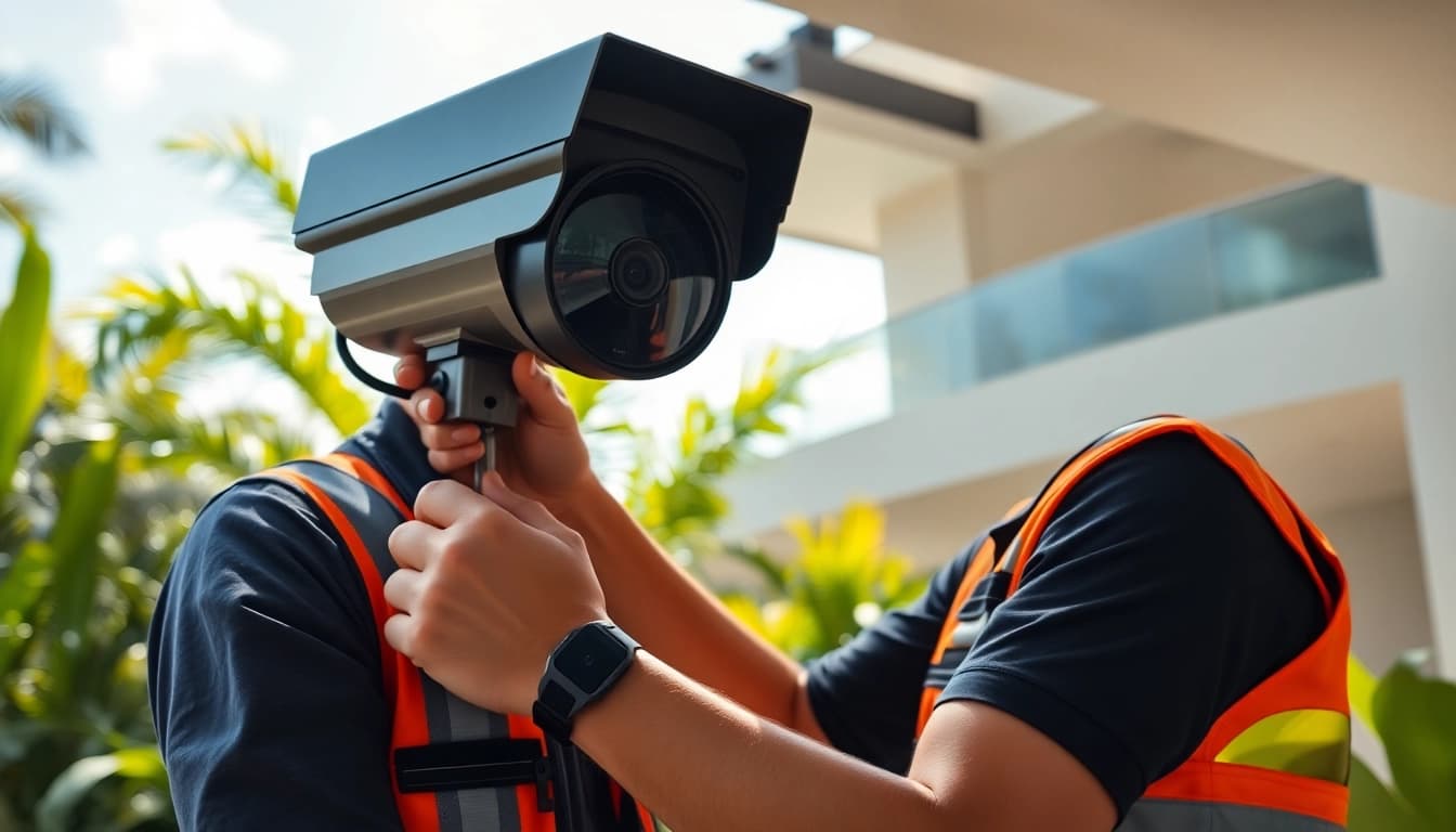 Soporte técnico en cámaras de seguridad mostrado por un técnico instalando una cámara de vigilancia de alta calidad en Guanacaste.