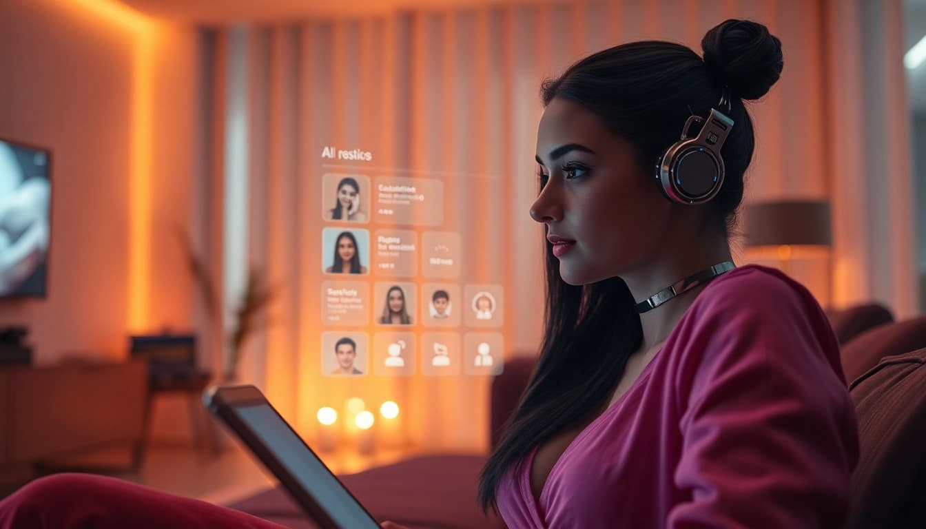 AI sex companion interface showcasing personalized avatars and chat features in a warm, inviting room.