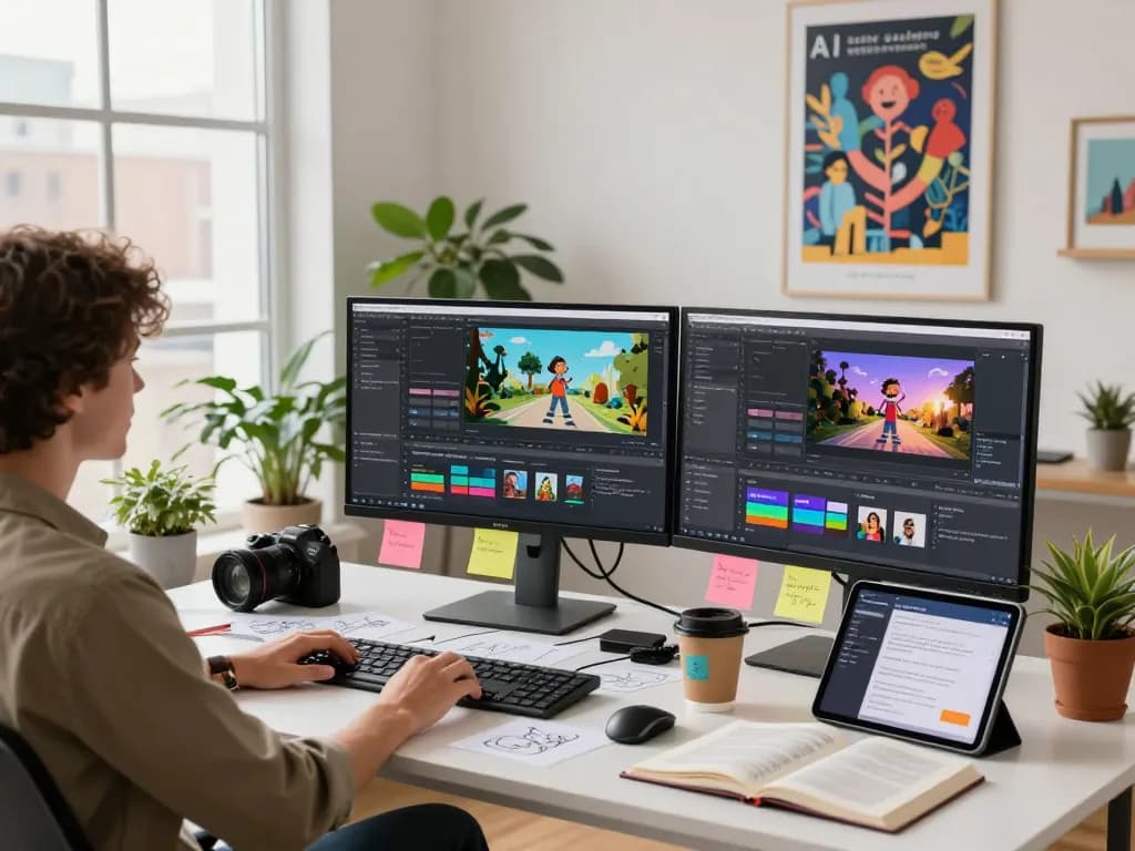 Creating video to prompt AI-generated text descriptions in a modern workspace with multiple monitors and vibrant decor