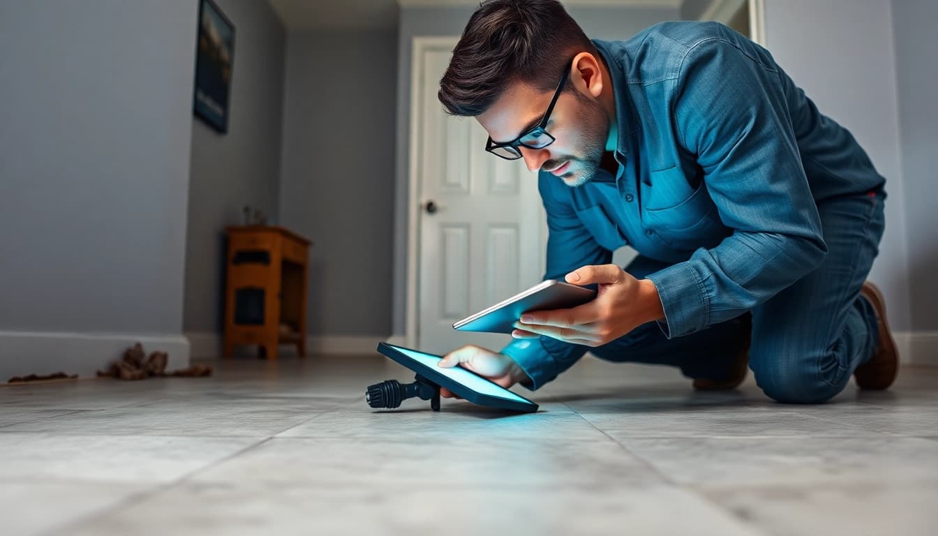 Leak in concrete floor being detected by a technician using advanced technology.