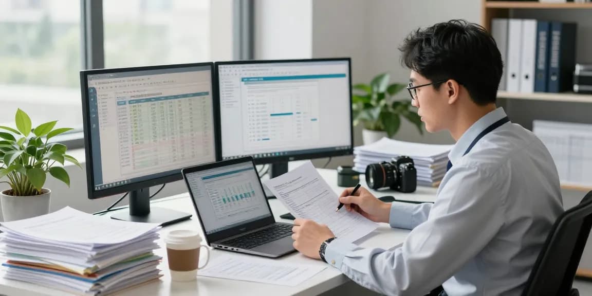 Forensic auditor at aafikotamedan.org reviewing financial reports in a modern office
