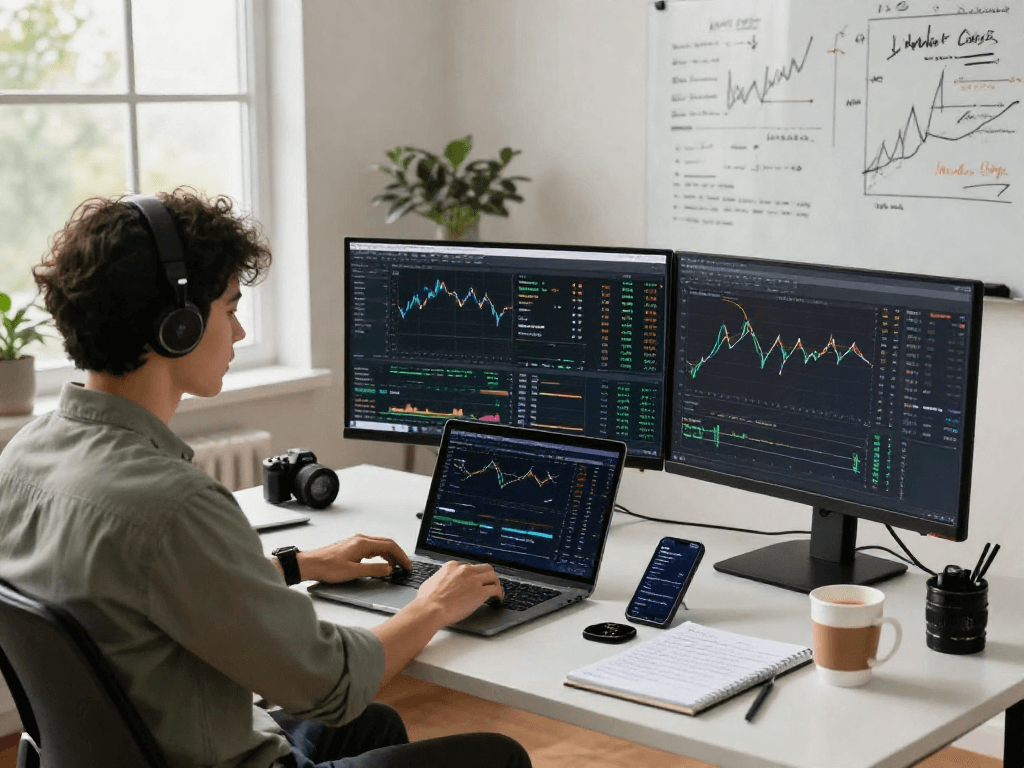Escena de un entorno de trading de criptomonedas con la plataforma Immediate Edge iluminada en pantallas múltiples.