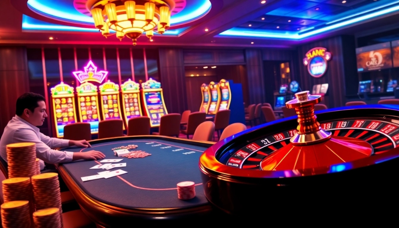 Intense poker game action at loto188.gb.net with colorful slot machines and a spinning roulette wheel.