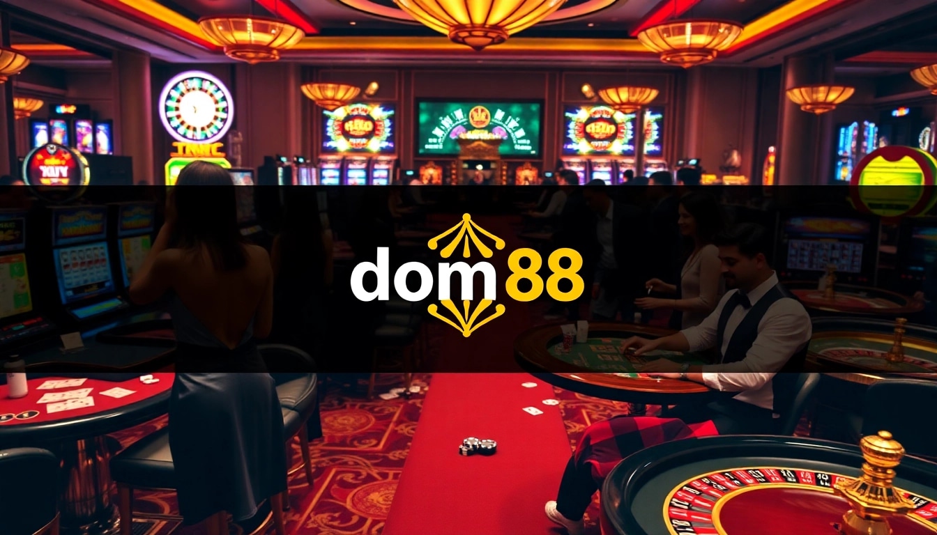 Exciting casino scene illustrating dom88.us.com with engaging players at lavish gaming tables.