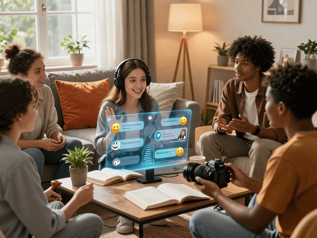 Engaging virtual conversation about porn ai chat in a cozy living room setting