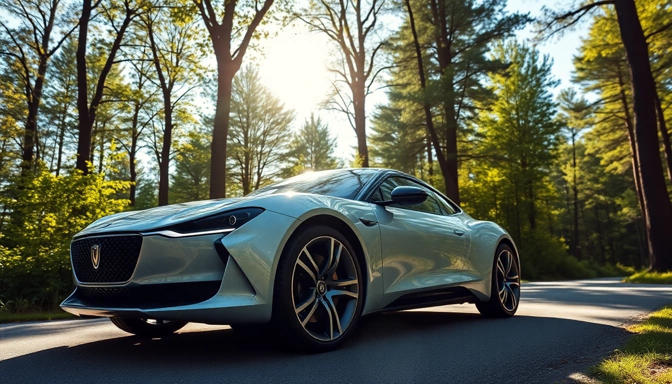 A Swan Car parked elegantly on a picturesque forest road surrounded by green trees.