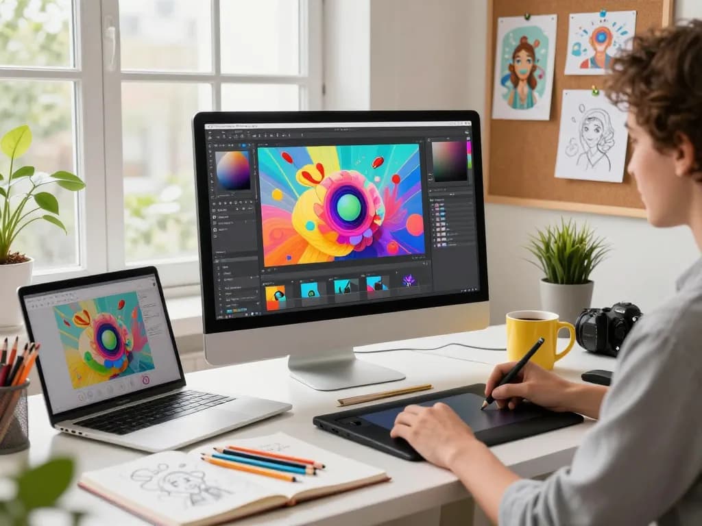 Designer using Nano Banana 2 AI in a vibrant creative workspace filled with art supplies.