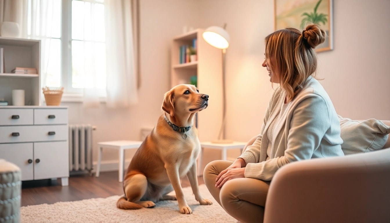 Psychologist with a dog Sydney offering a comforting session to a client in a therapy office.