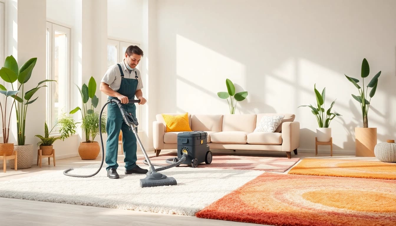 Experience fresh Glasgow carpet cleaning in a bright, modern living room with a technician at work.