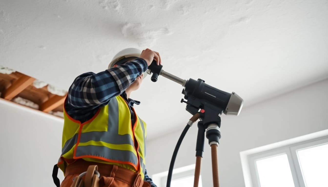 Efficient spray foam removal guidance as a contractor safely eliminates insulation from a ceiling.