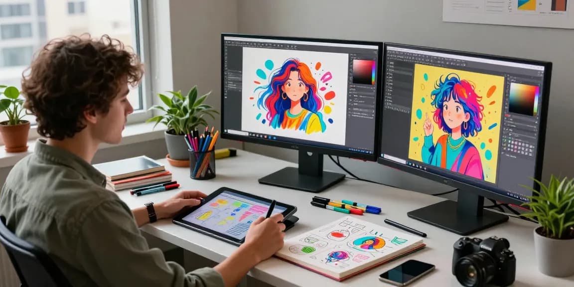 Using the image to prompt generator, a digital artist creates vibrant AI art in a creative workspace.