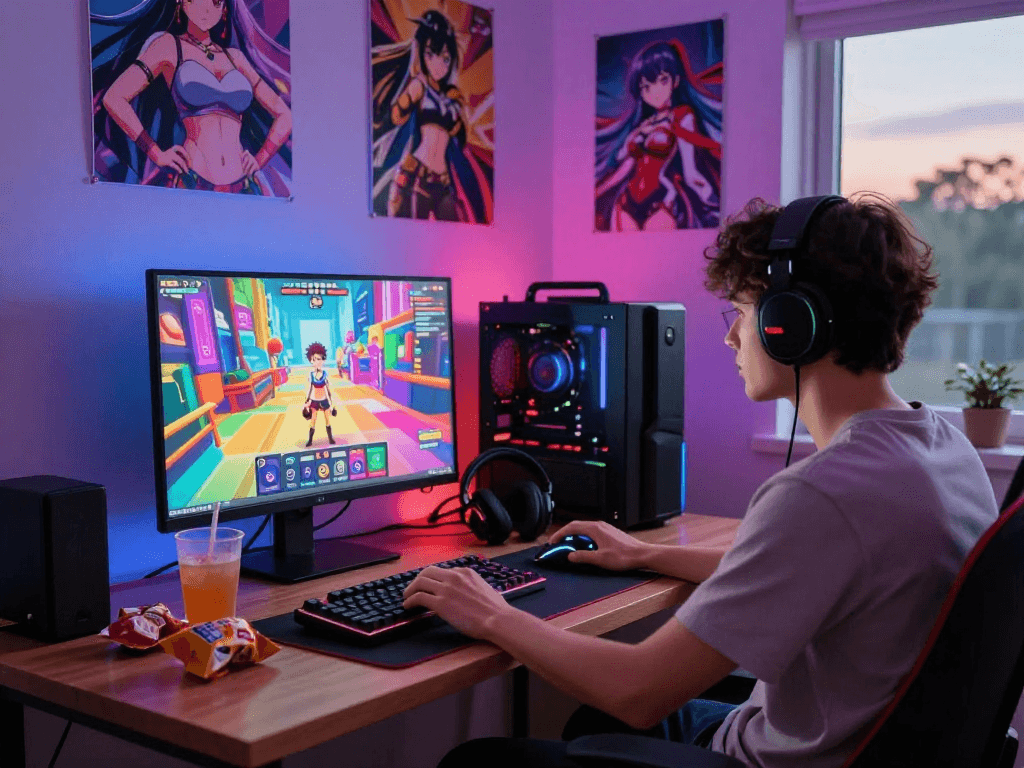 Engaged player enjoying a hentai game in a cozy room with RGB lights and anime posters.