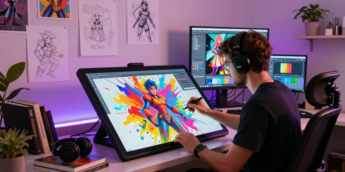 Artist creating captivating NSFW AI digital art in a vibrant modern studio.