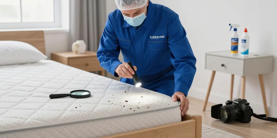 Bed bug removal services in action, professional exterminator inspecting a bedroom for bed bugs with tools at hand