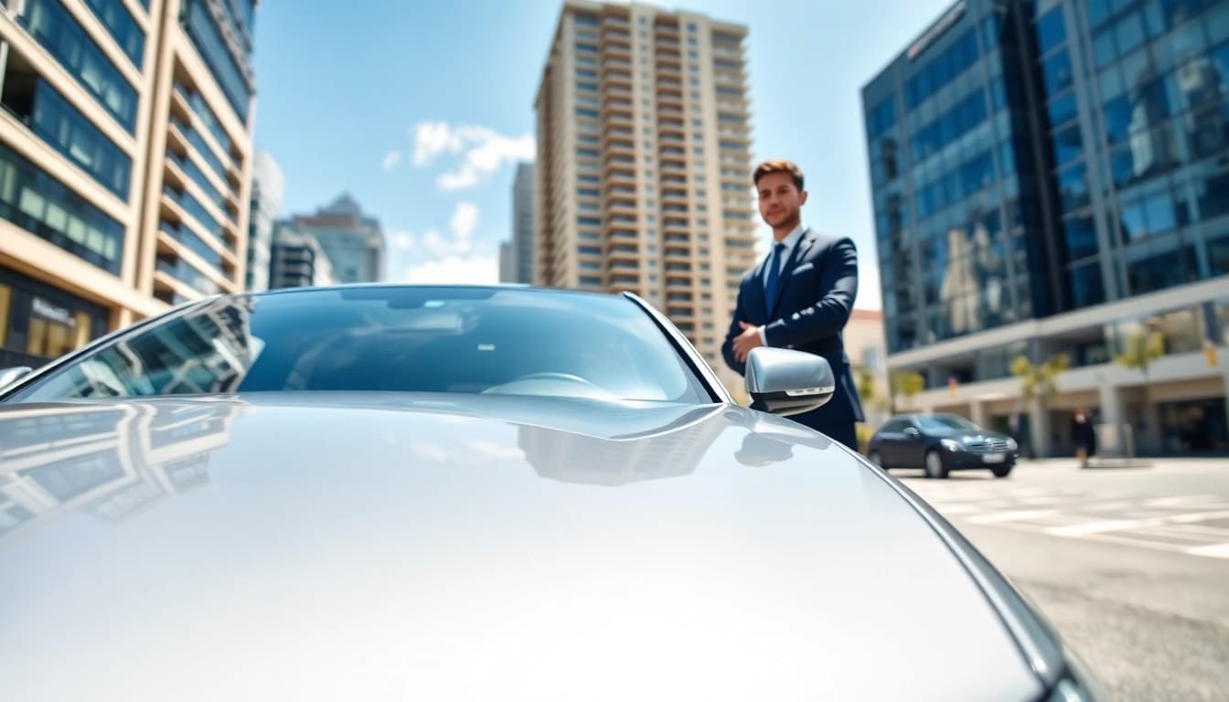 Discover premium chauffeur services near me with a professional driver in an elegant urban setting.