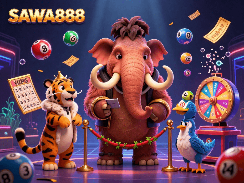 SAWA888 engages players with a vibrant casino atmosphere featuring a woolly mammoth bouncer, a saber-tooth VIP, and dynamic game elements.