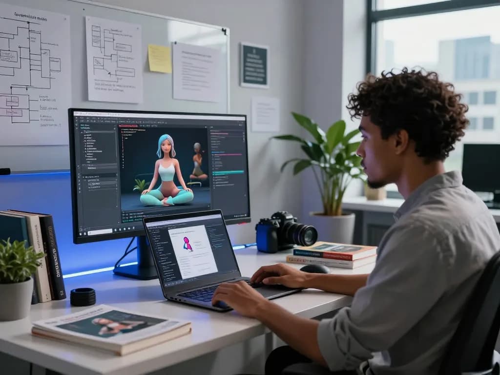 AI researcher developing sex AI applications in a modern tech workspace, showcasing coding and digital art.