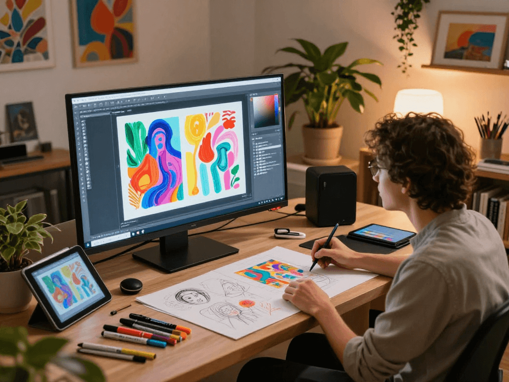 Artist creating ai nsfw digital art in a vibrant studio filled with creativity and technology