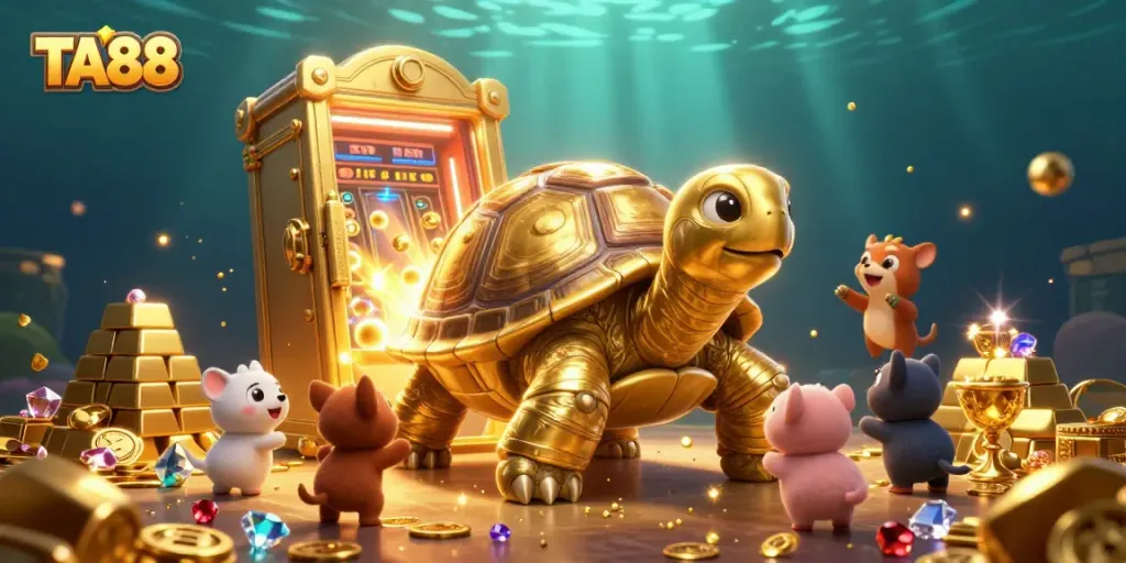 Engage with TA88's vibrant casino games illustration featuring rich golden treasures and animated characters.