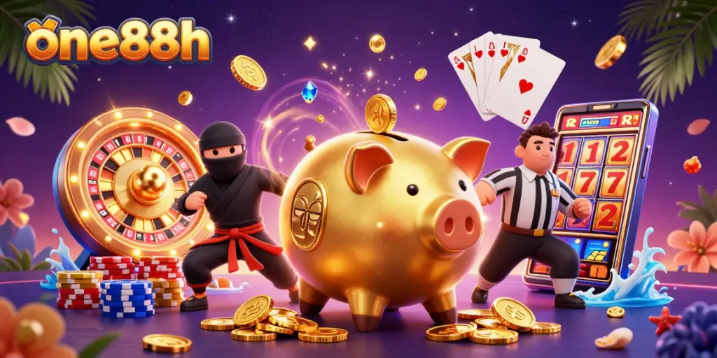 Experience the thrilling world of one88h with vibrant gaming characters and dynamic casino elements!