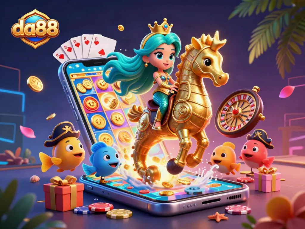 Win big at da88 with vibrant 3D casino illustration featuring a mermaid princess and thrilling game elements.