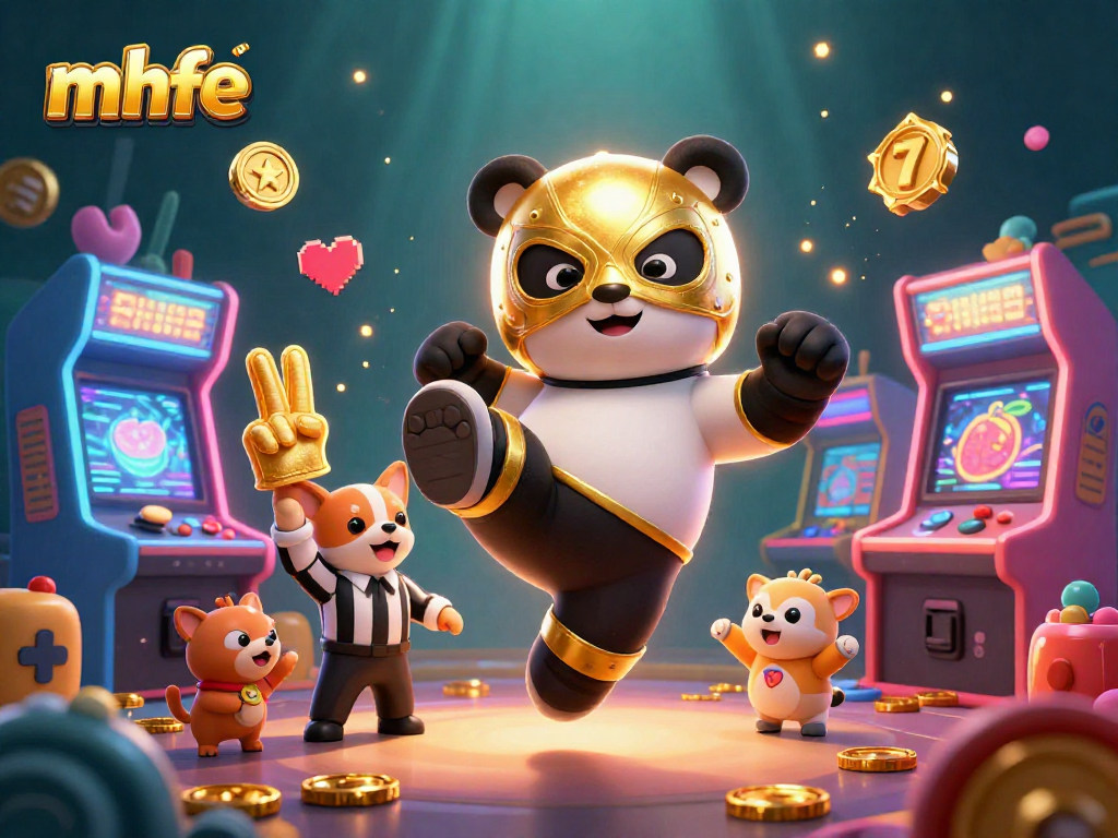 Win big at mhfe with vibrant casino illustration featuring cartoon panda and lively game elements.