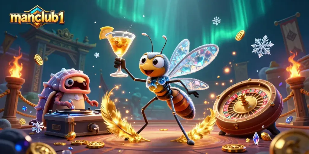 Engage with manclub1 at the digital casino with vibrant 3D characters celebrating gaming wins.