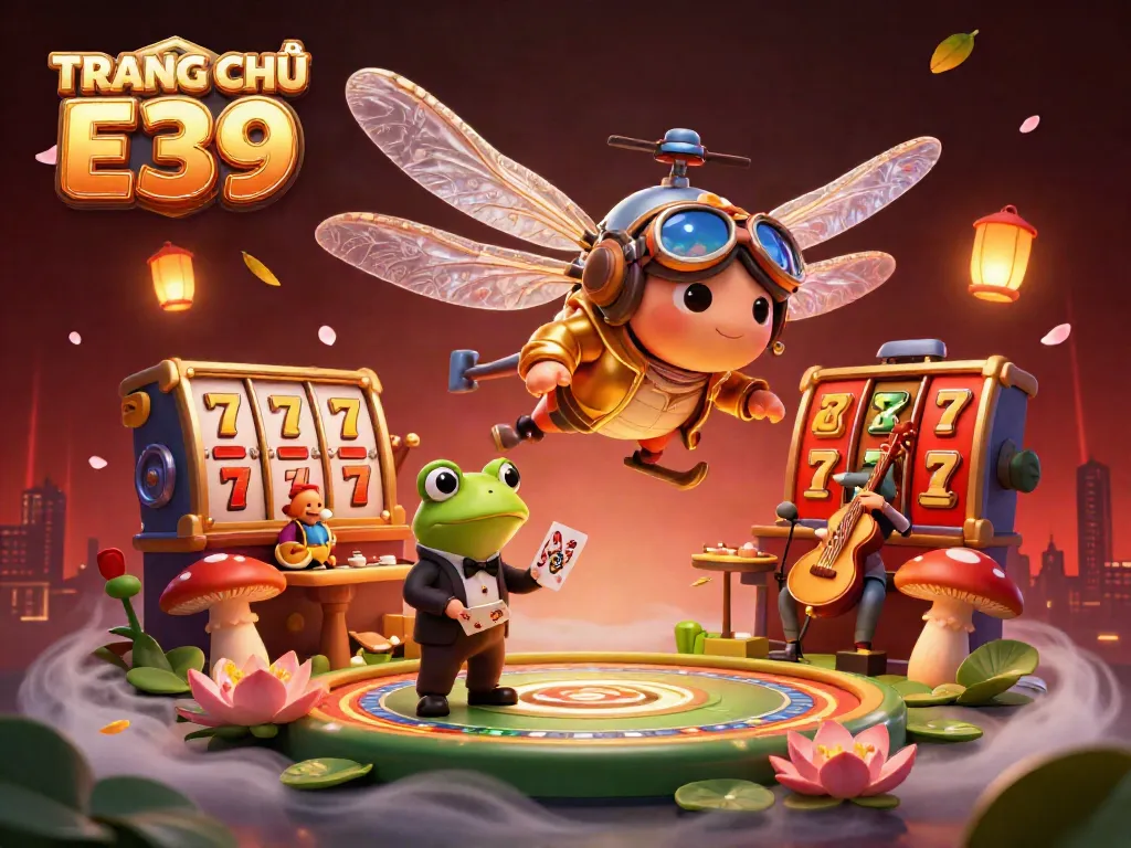 Engage with thrilling gaming at TRANG CHỦ E39, featuring lively characters in a vibrant casino scene.