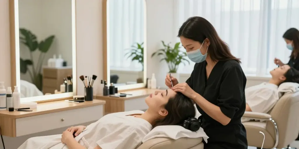 Brow Lamination Colchester: Aesthetician performing brow lamination treatment in a serene salon.
