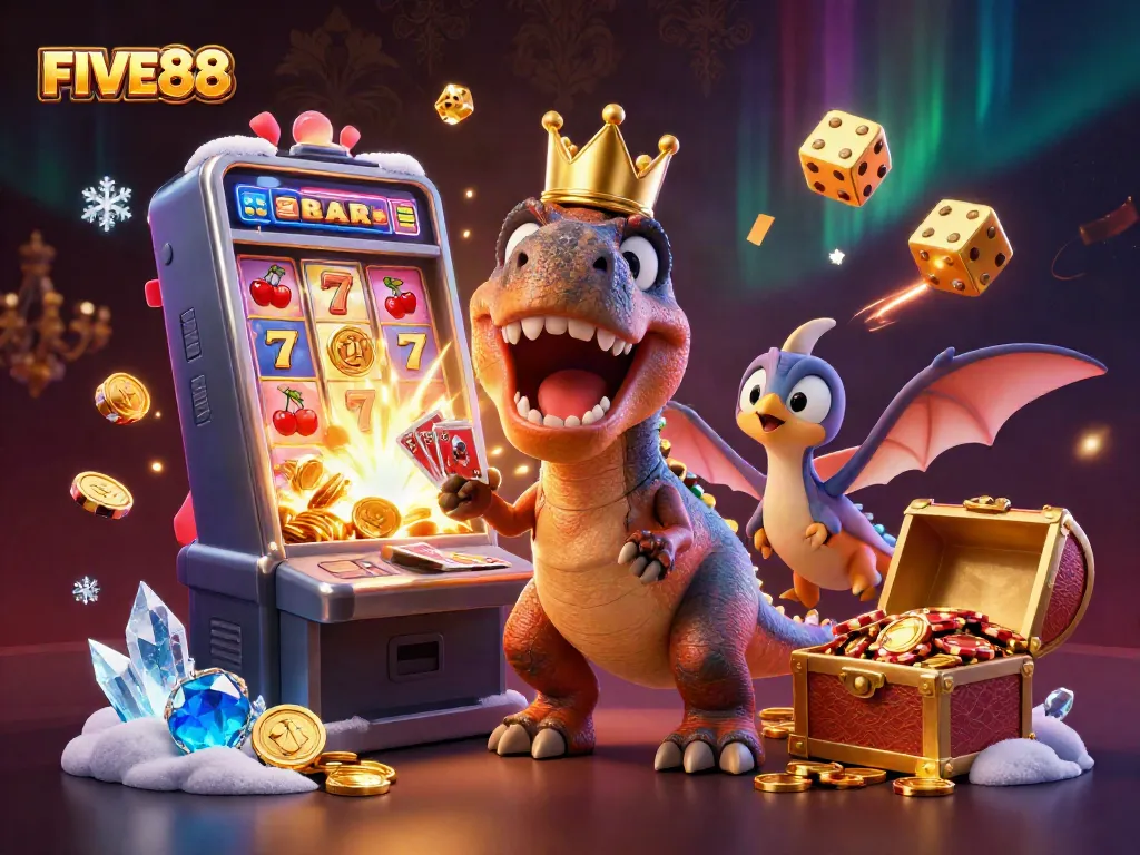 FIVE88 showcases a lively casino scene with characters celebrating big wins with slots and animated elements.