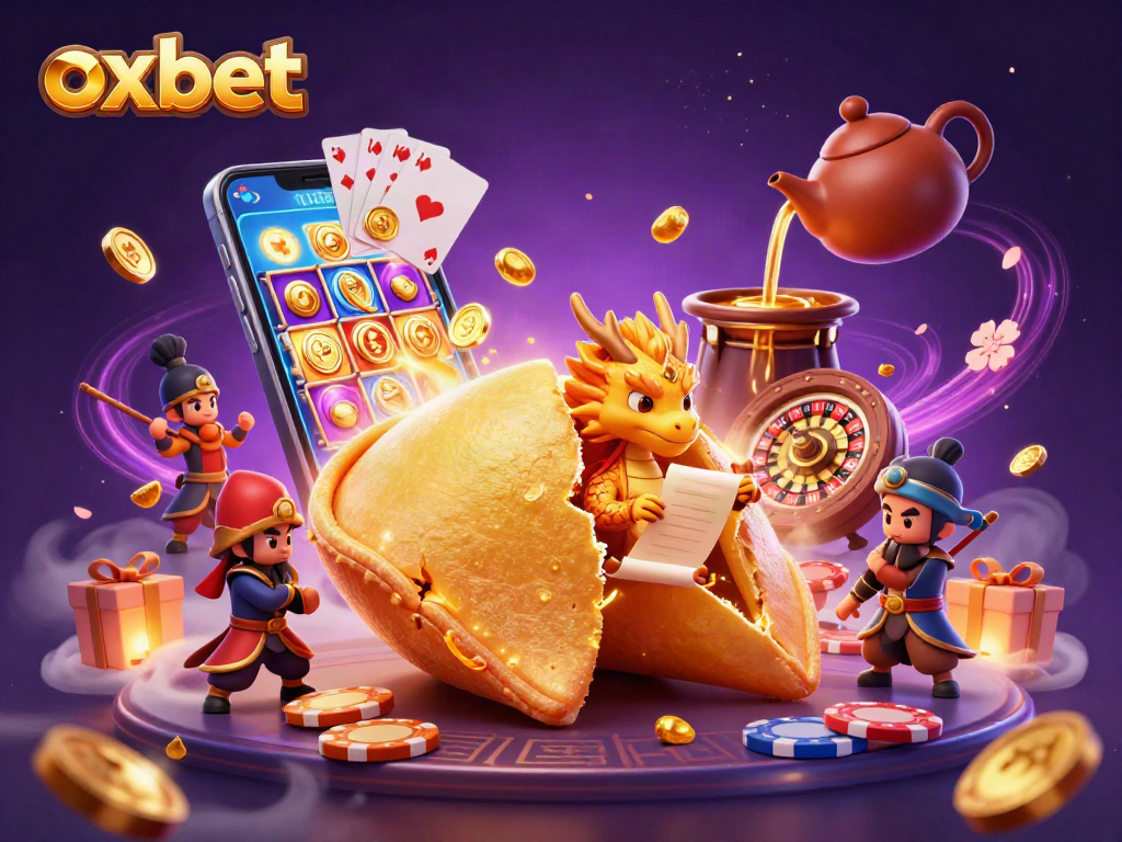 Join oxbet for an exciting gambling experience featuring golden fortune cookies, slot games, and vibrant casino elements.