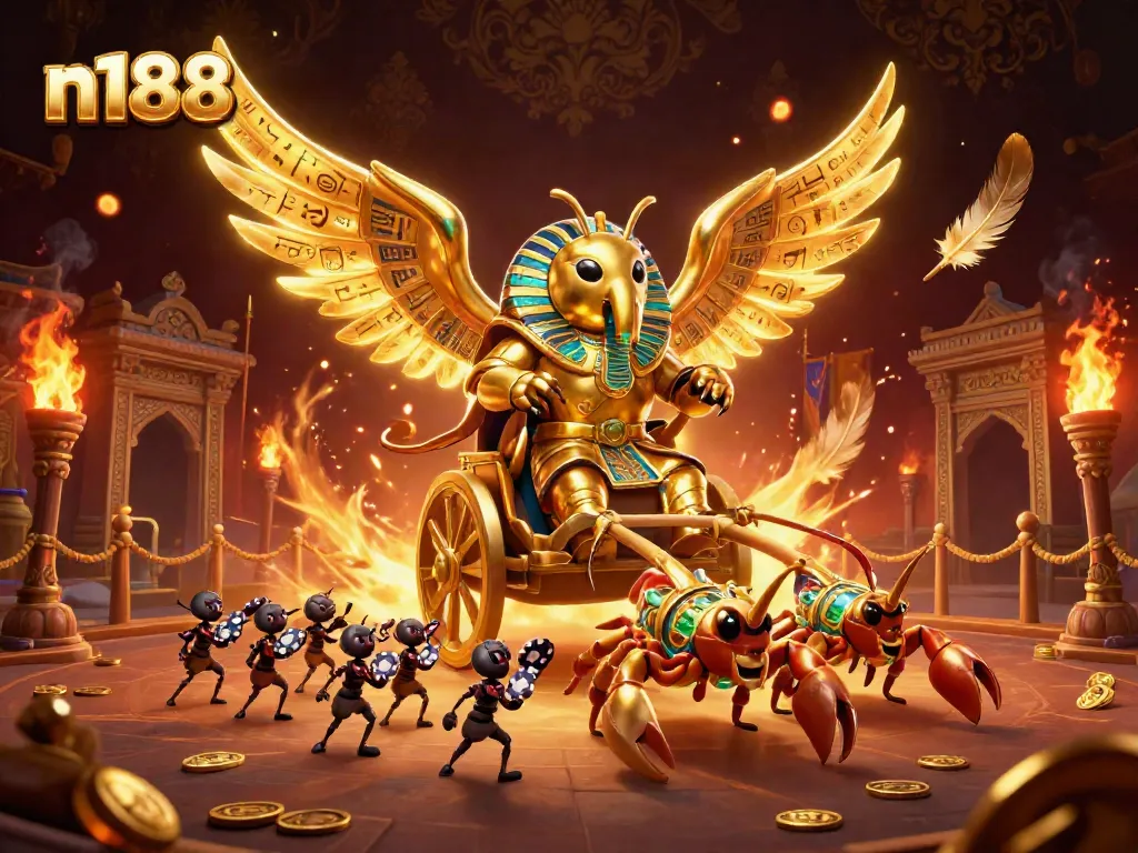 Join the excitement at n188 casino with a golden scarab beetle conquering the jackpot scene, showcasing rich gaming elements.