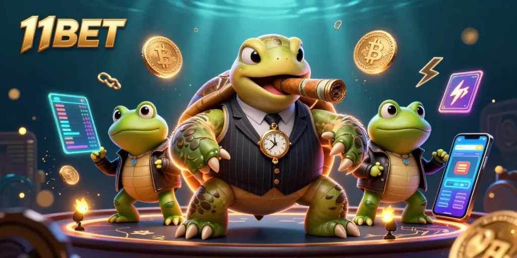 Experience 11BET's excitement with a lively illustration showcasing a snapping turtle and bullfrog enforcers amidst casino elements.