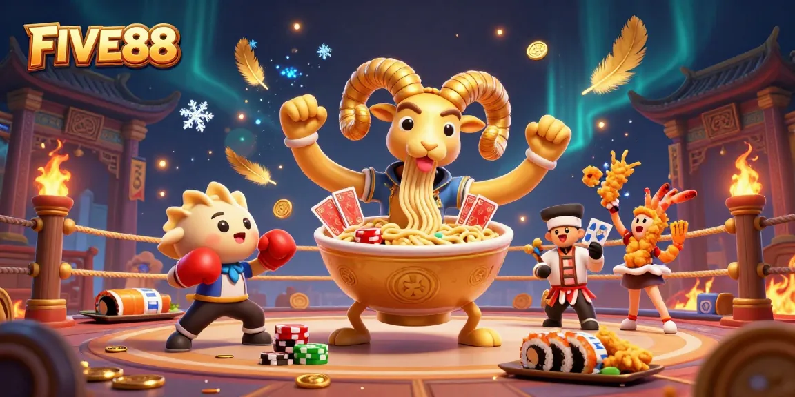 Experience the thrilling atmosphere of FIVE88 with vibrant characters juggling casino games amidst a dynamic backdrop.