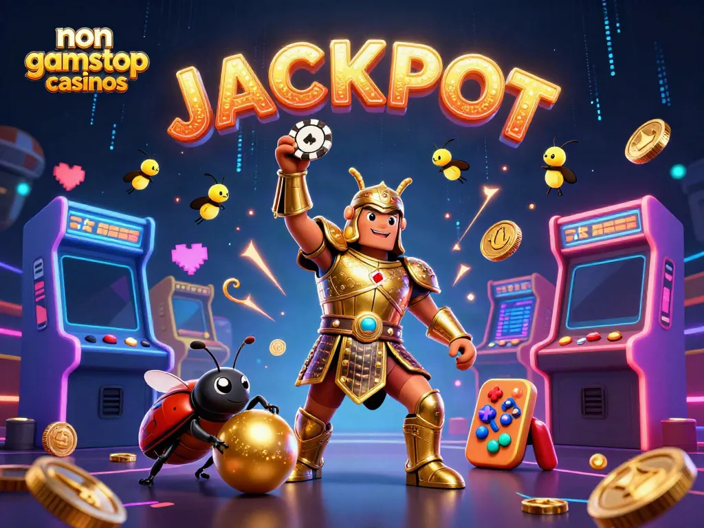 Engaging scene of non gamstop casinos illustrated with 3D characters and vibrant casino elements.