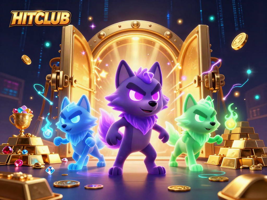 HITCLUB players experience thrilling jackpots in an ultra-detailed 3D casino illustration.