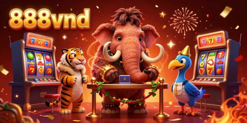 Engage in thrilling gameplay at 888vnd with fun characters, vibrant slot elements, and festive celebration.