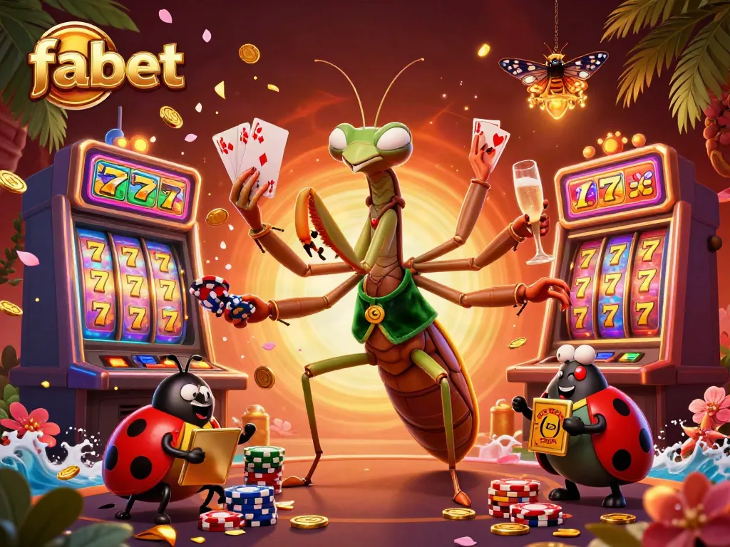 Experience winning at fabet with colorful slot machines, floating gold coins, and charming casino characters.