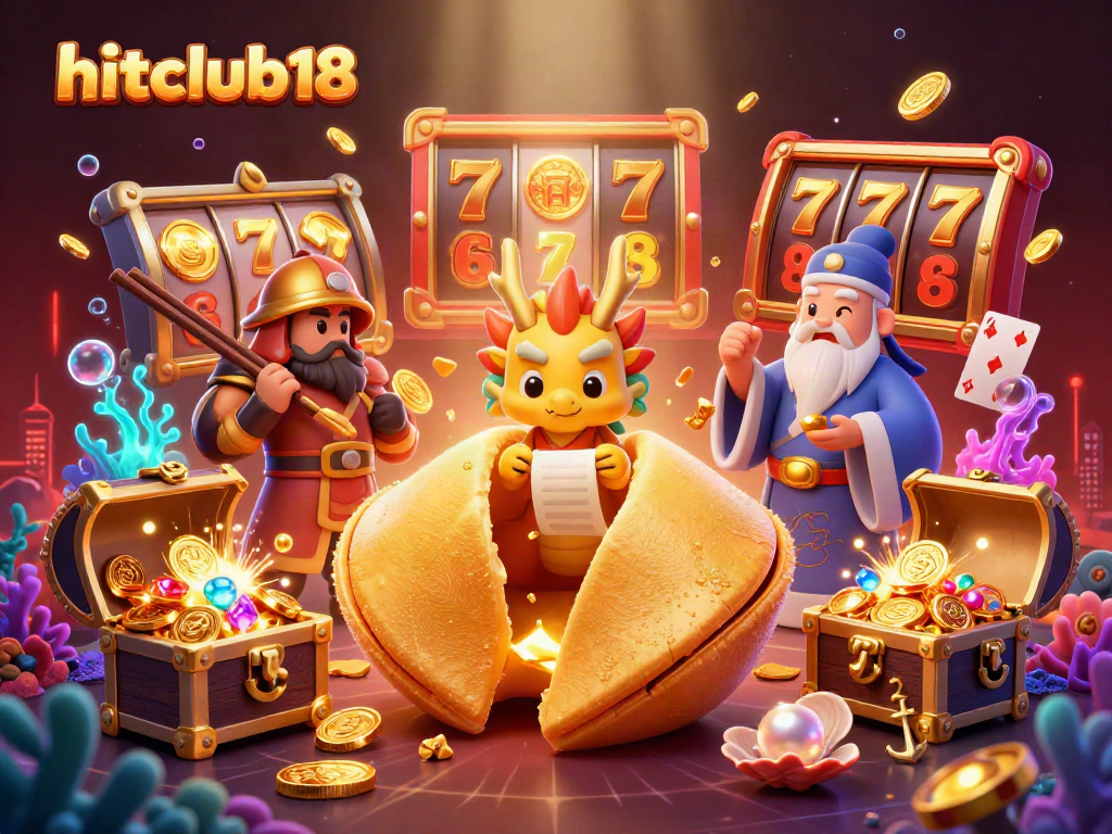 Engage players at hitclub18 with dynamic gambling fun, showcasing a vibrant 3D scene filled with slot machines and treasures.