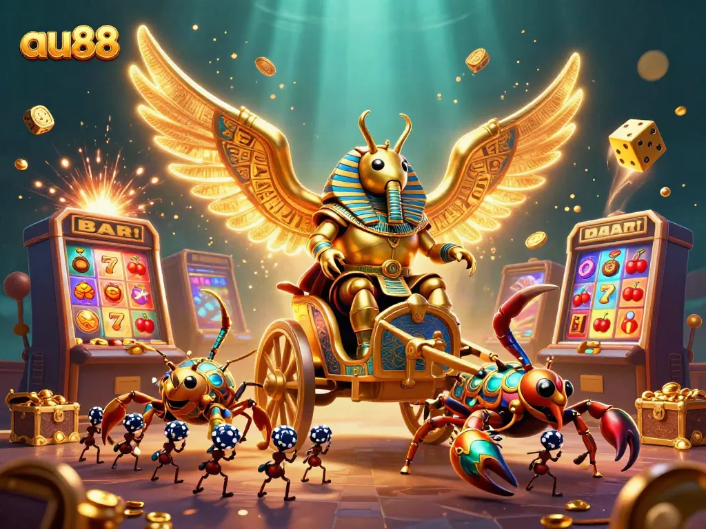 Experience the excitement of au88 with a vibrant 3D casino scene featuring a golden scarab and jackpot elements.