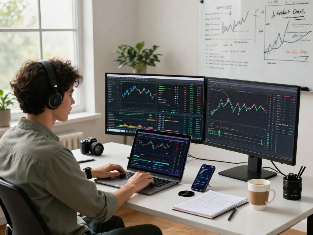 Escena de un entorno de trading de criptomonedas con la plataforma Immediate Edge iluminada en pantallas múltiples.