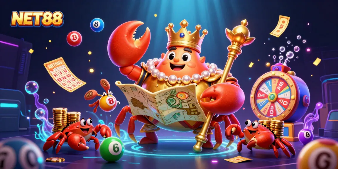 Experience the excitement of NET88 with vibrant gaming elements and a majestic golden crab character.