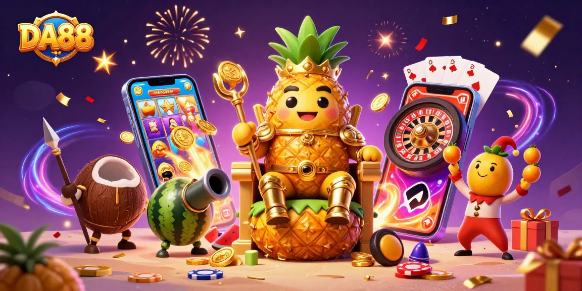 Experience the DA88 casino fun with a vibrant tropical scene full of games and treasures.