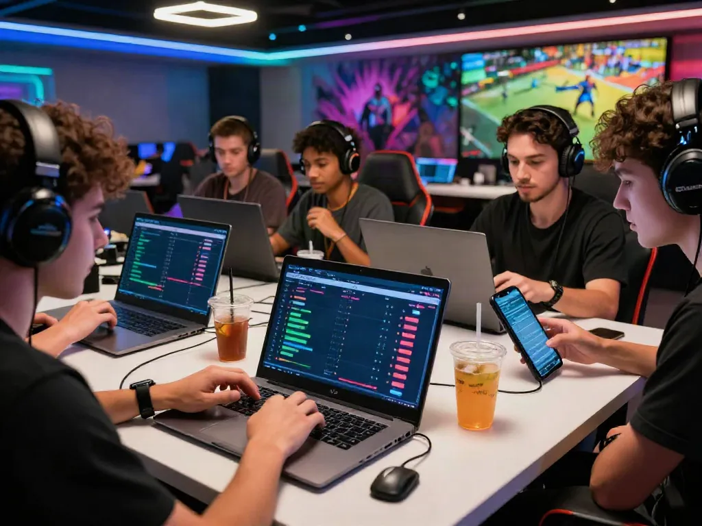 Engaged players enjoying betting at https://9bet.ru.com/ with laptops and mobile devices in a modern gaming atmosphere.